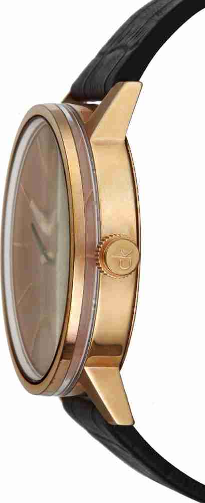 Calvin Klein Post Minimal rose gold watch side profile showing case depth and strap