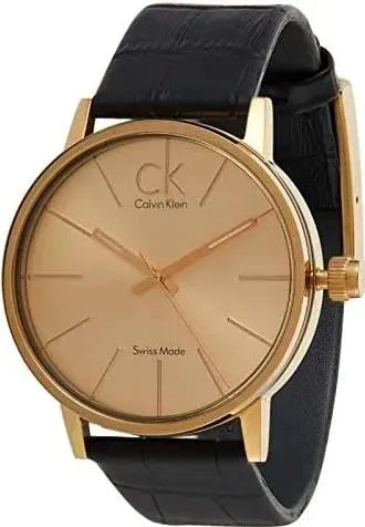 Calvin Klein Post Minimal watch angled view showing gold case and black leather strap