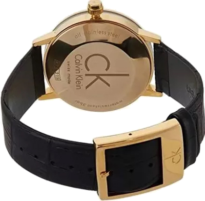 Calvin Klein Post Minimal caseback showing Swiss quartz movement and gold tone case