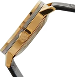 Calvin Klein Post Minimal watch side profile with rose gold case and black leather strap