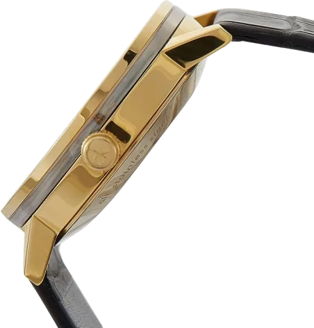Side view of rose gold case and black leather strap with gold buckle