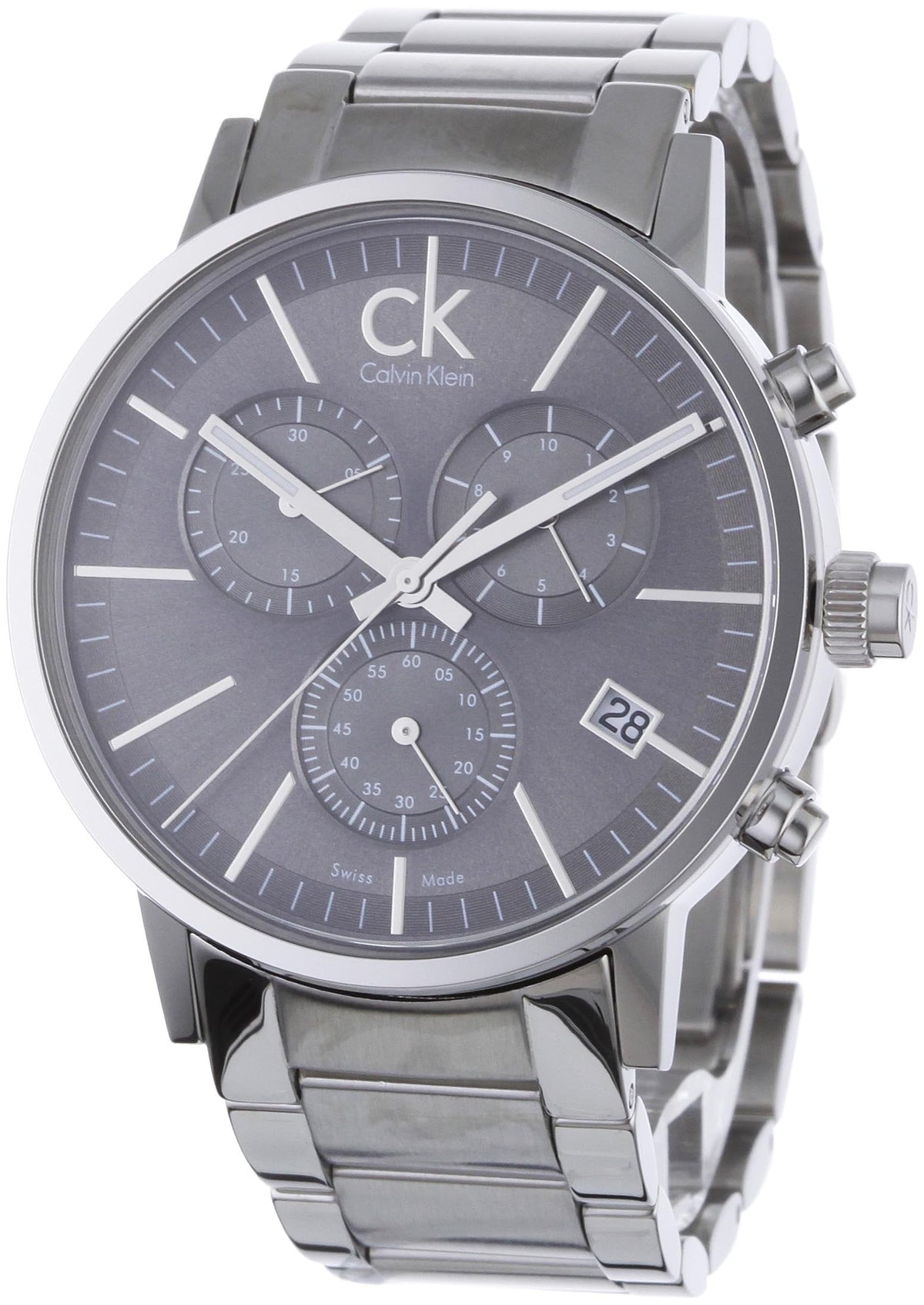 Calvin Klein Post Minimal chronograph watch angled view showing silver steel case and bracelet