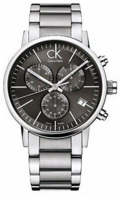 Calvin Klein Post Minimal chronograph watch with black dial and silver steel bracelet