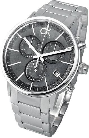 Calvin Klein Post Minimal chronograph watch side view with silver steel bracelet and link design