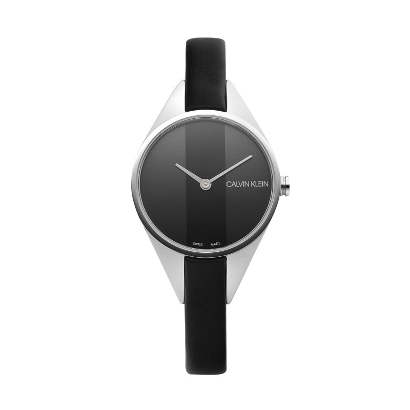 Calvin Klein Rebel front view with black dial, silver case, and black leather strap