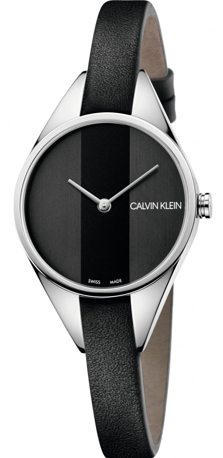 Calvin Klein Rebel black dial ladies watch with silver case and black leather strap