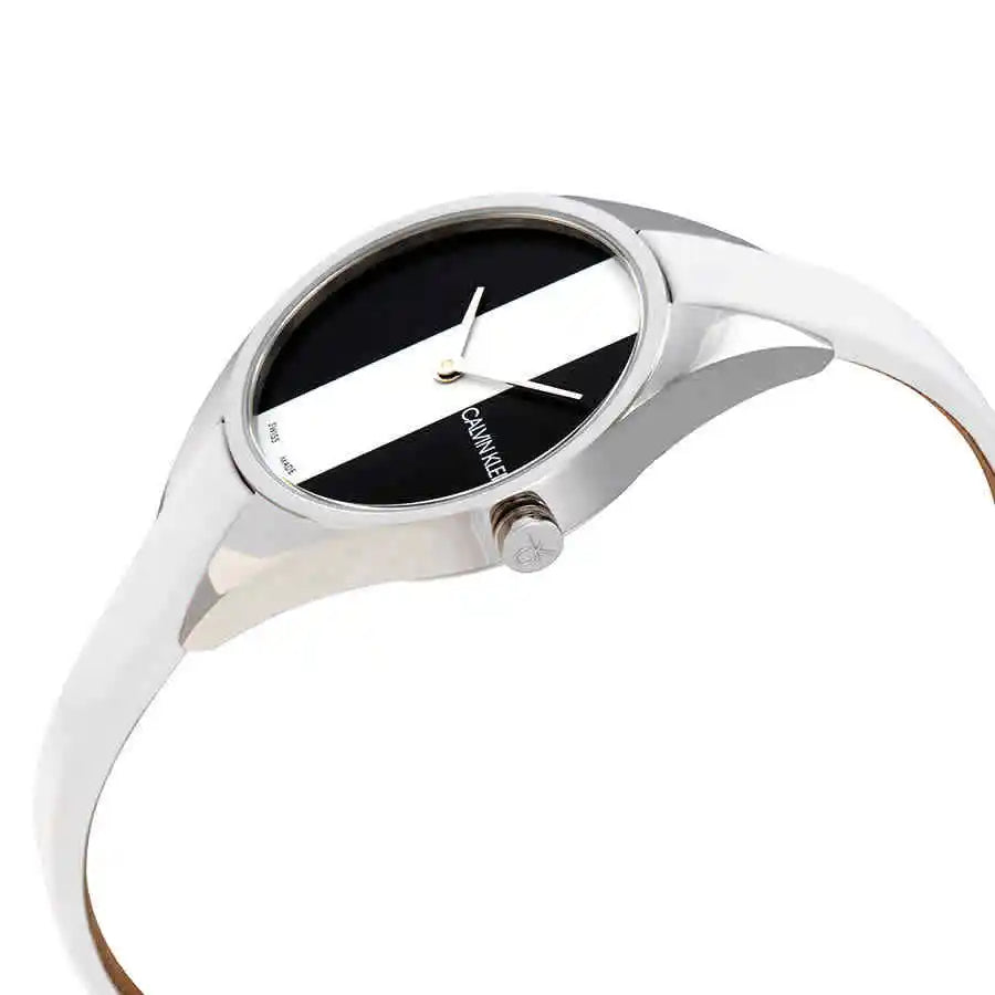 Angled view of Calvin Klein Rebel K8P231L1 ladies watch with white case and strap
