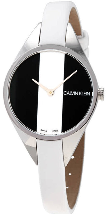 Calvin Klein Rebel quartz ladies watch with black and white striped dial and white leather strap