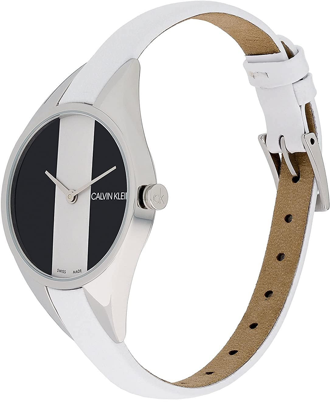Calvin Klein Rebel K8P231L1 ladies watch on wrist showing white strap and black-white dial