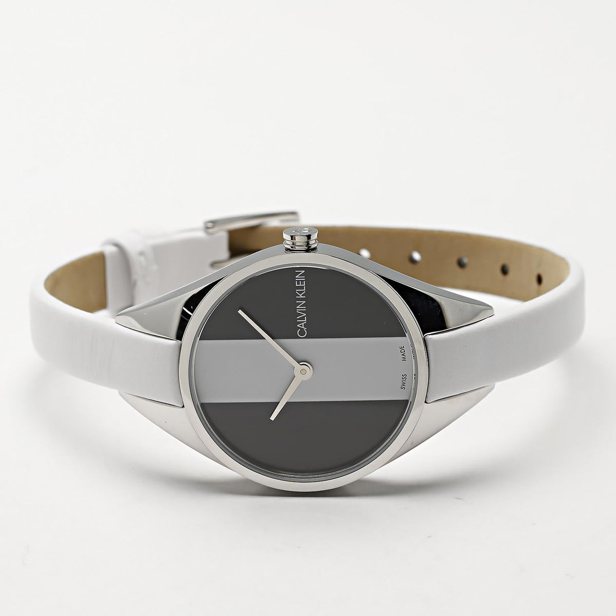 Calvin Klein Rebel ladies quartz watch K8P231L1 on wrist with brown leather strap visible