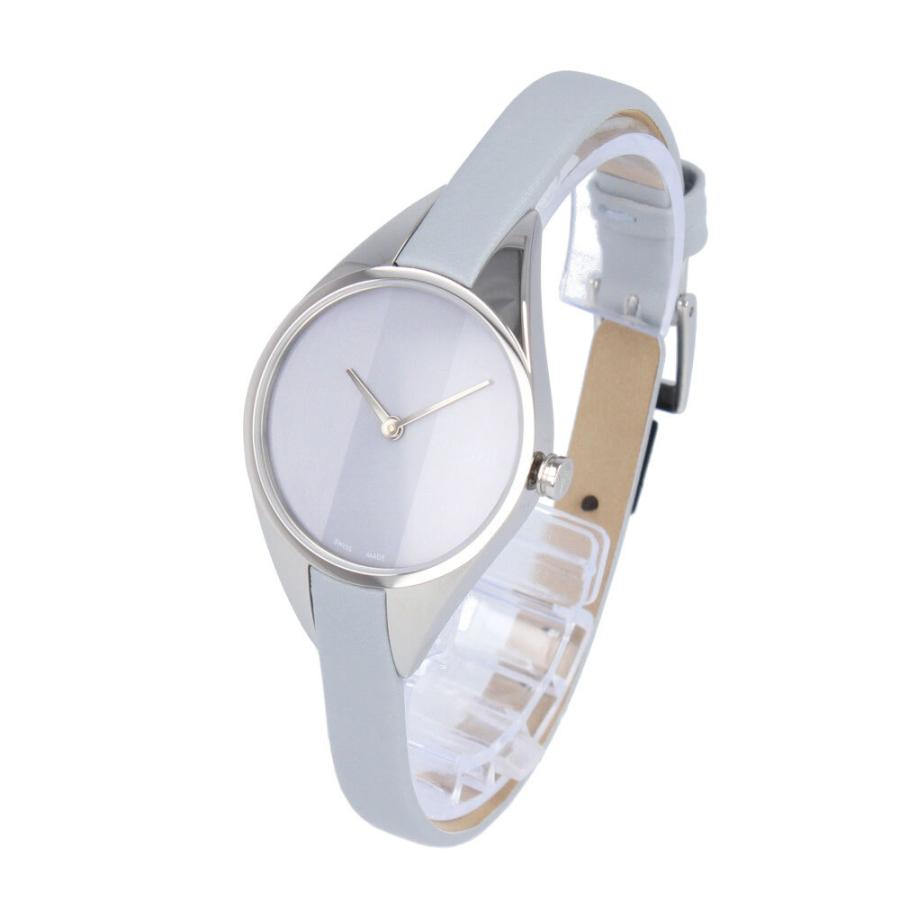 Calvin Klein Rebel K8P231Q4 ladies watch worn on wrist showing light grey strap and dial