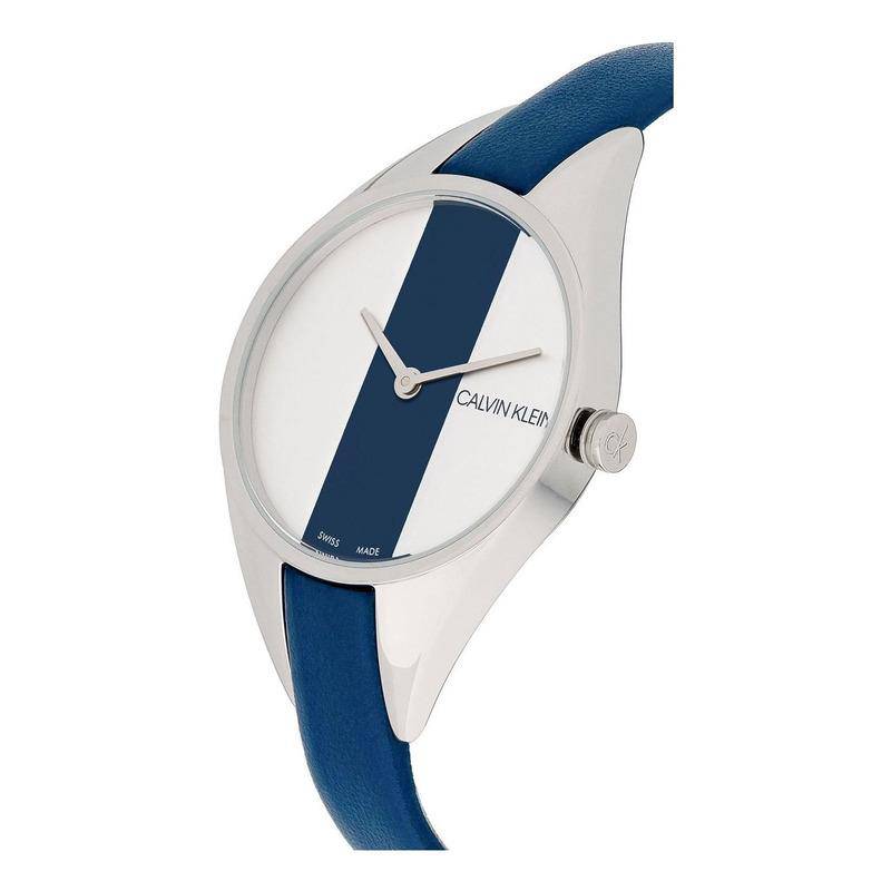 Calvin Klein Rebel women's watch angled view showing white dial and blue leather band