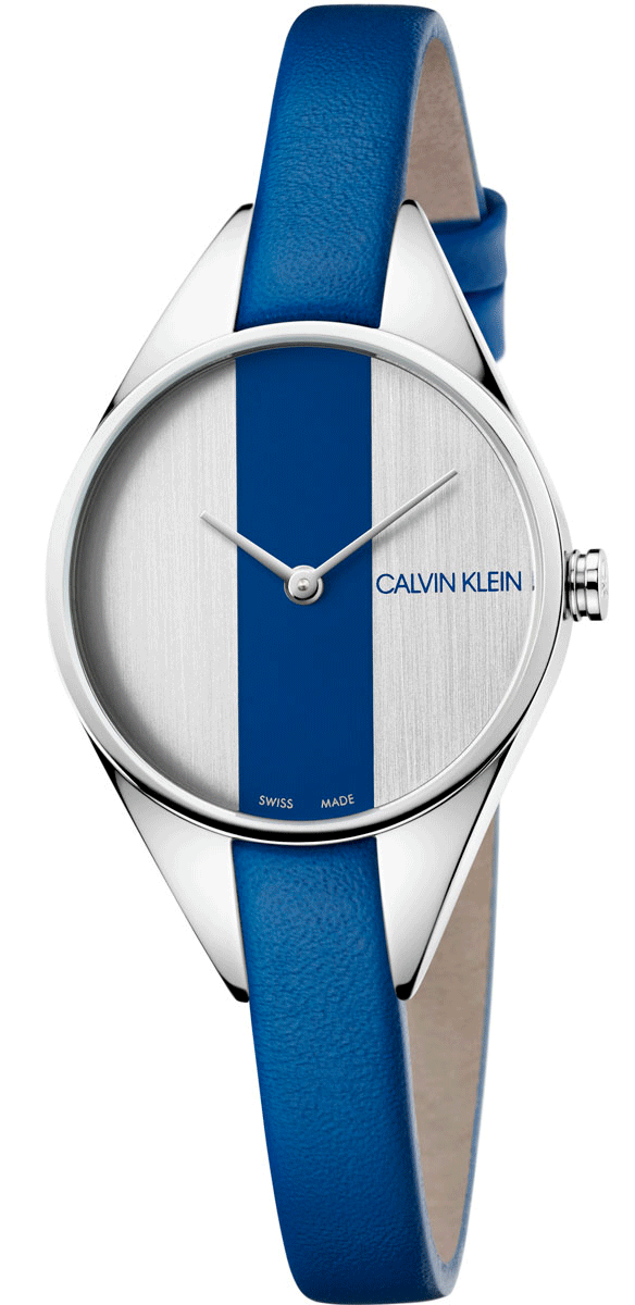 Calvin Klein Rebel 29mm women's watch with white dial, navy blue stripe, and blue leather strap