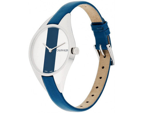 Calvin Klein Rebel women's watch side profile with blue leather strap and metal case