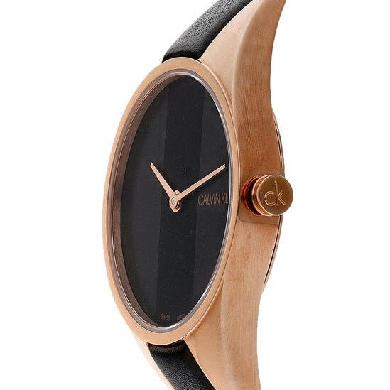 Side profile of Calvin Klein Rebel watch showing rose gold case thickness