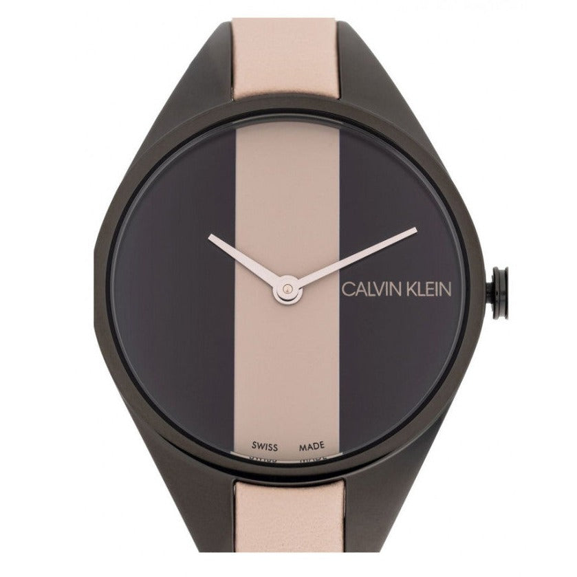 Calvin Klein Rebel watch front view showing black dial with cream stripe detail