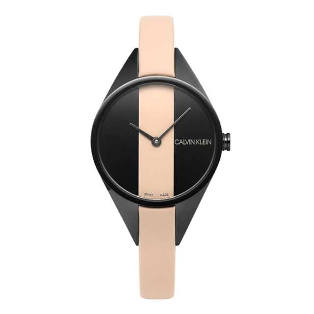 Calvin Klein Rebel ladies watch top-down view with black and cream color scheme