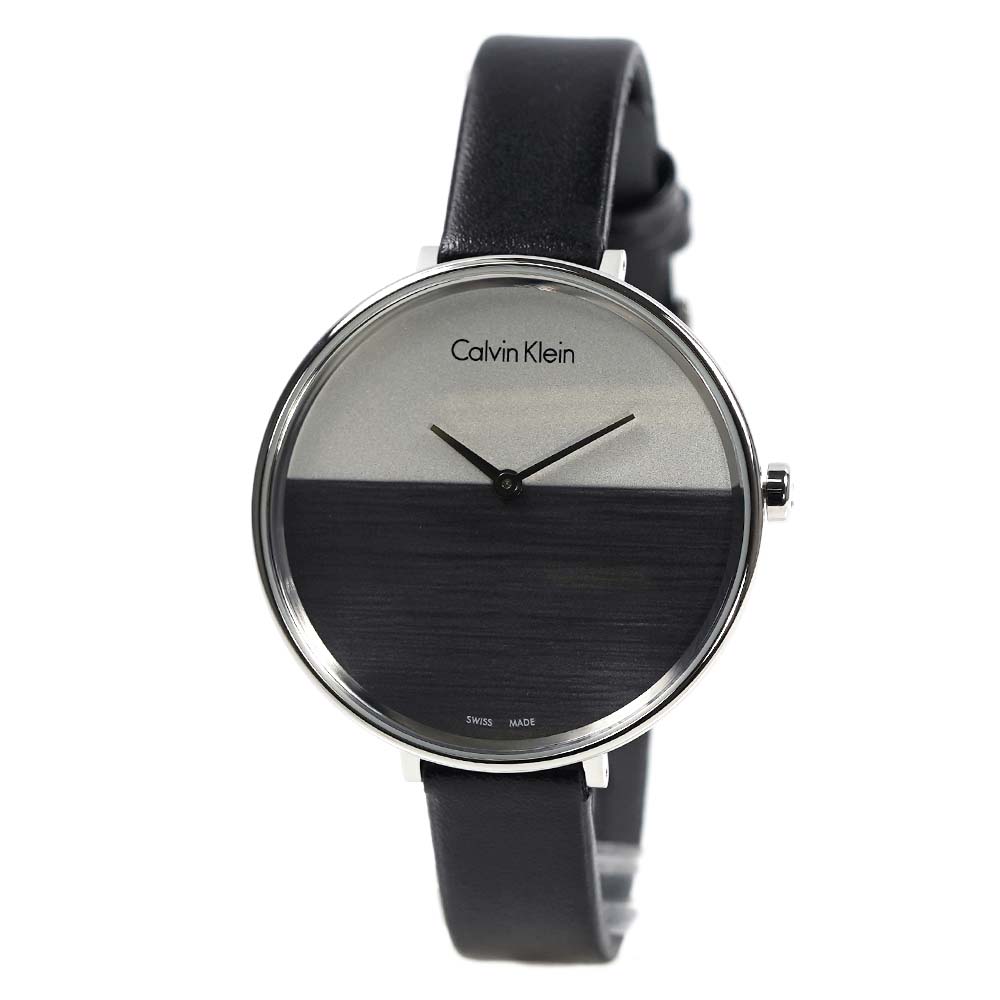 Angled view of Calvin Klein Rise watch showing profile with black leather strap
