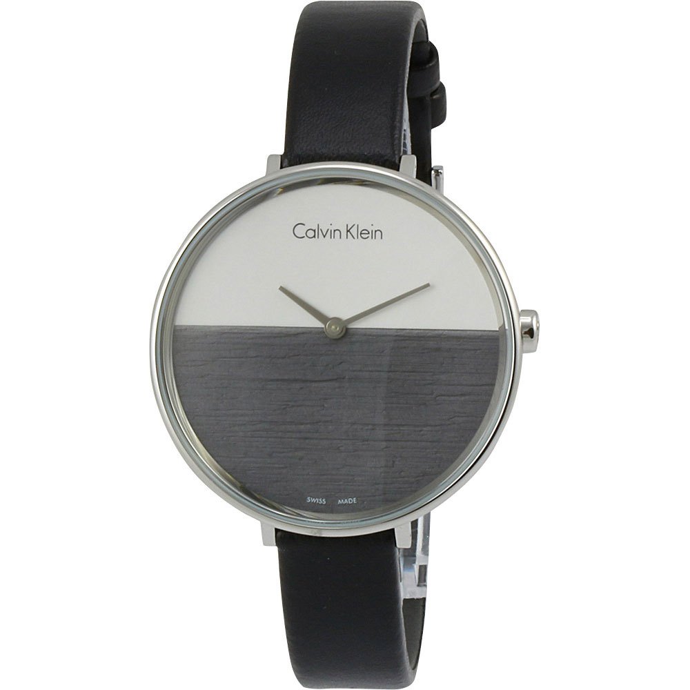 Side view of Calvin Klein Rise women's watch with black leather strap and round case