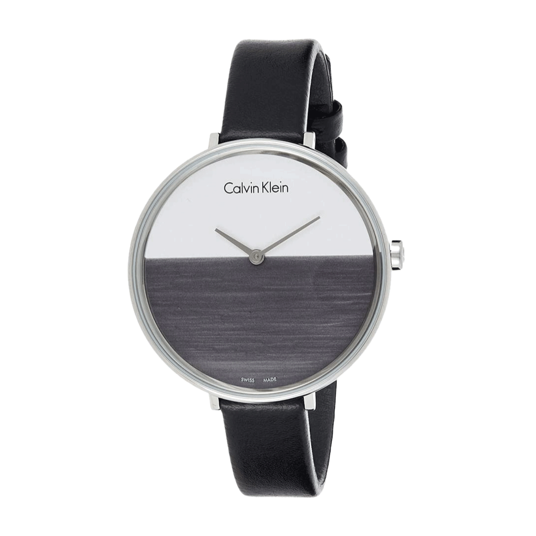 Calvin Klein Rise women's watch with split gray and white dial on black background