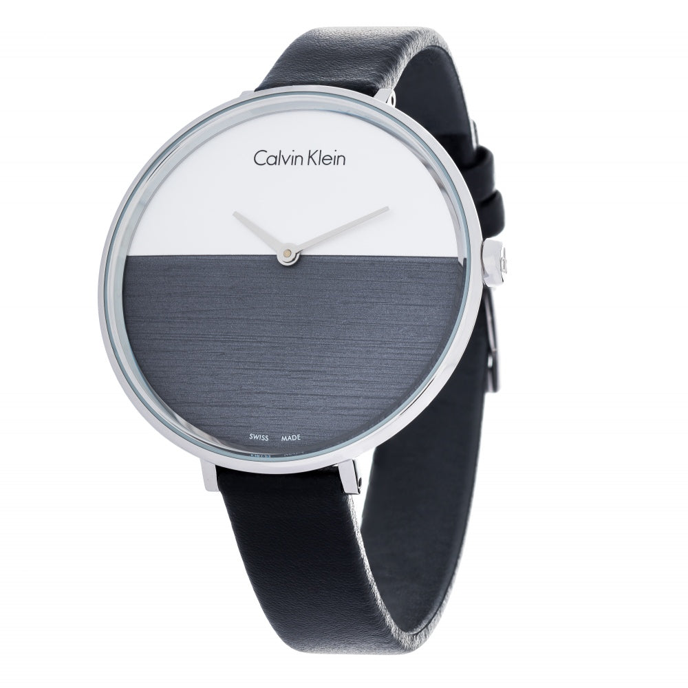 Calvin Klein Rise quartz women's watch with two-tone split dial and black leather band