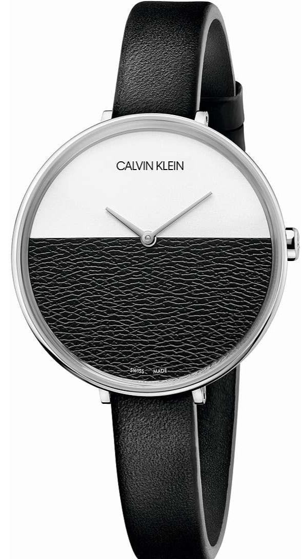 Calvin Klein Rise women's watch with white and gray split dial and black leather strap