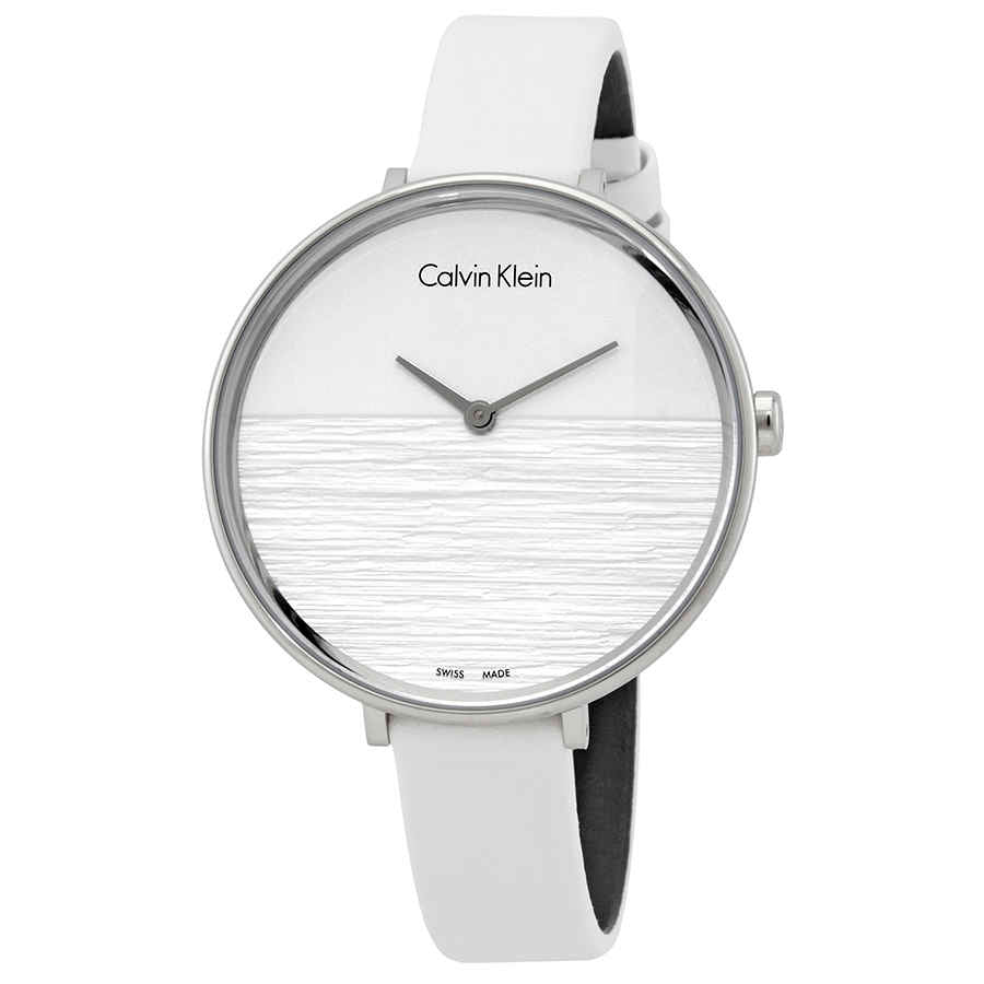 Calvin Klein Rise white leather strap watch, side angled view