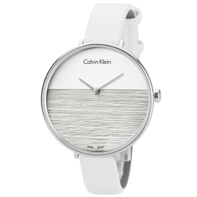 Calvin Klein Rise women's watch with white dial and leather strap