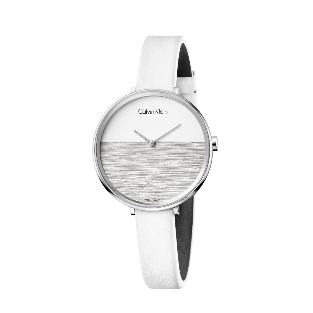 Calvin Klein Rise K7A231L6 ladies watch with white leather strap, front view