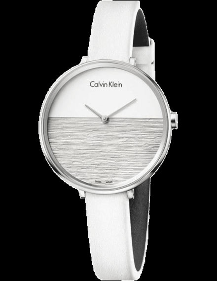 Calvin Klein Rise ladies watch with white and grey dial, front view