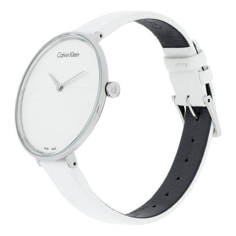 Calvin Klein Rise women's watch side profile with white leather strap