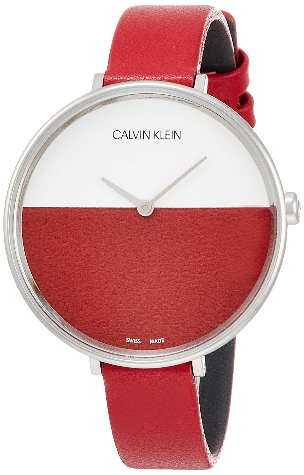 Calvin Klein Rise watch angled view showing red textured dial half and leather band
