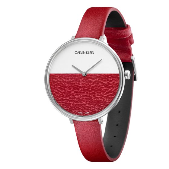 Calvin Klein Rise watch at angle showing red leather strap and silver case