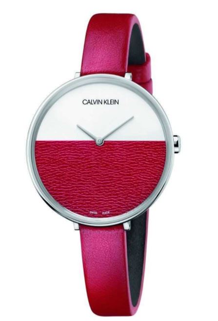 Calvin Klein Rise watch front view with split dial design and red leather band