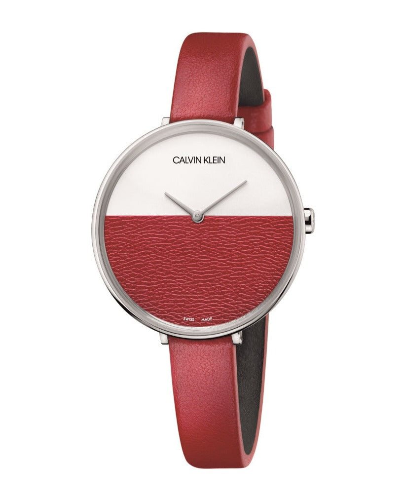 Calvin Klein Rise ladies quartz watch with red leather strap and geometric dial