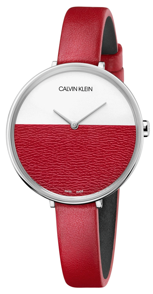 Calvin Klein Rise ladies watch with red leather strap and white dial with textured red lower half