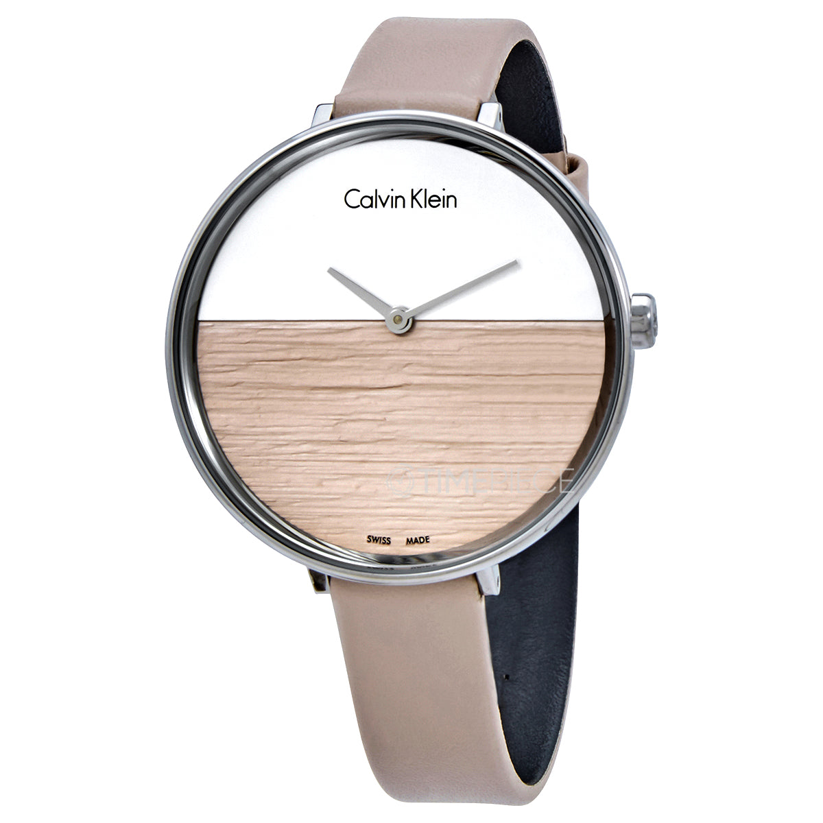 Calvin Klein Rise watch showing side view with pink strap and black backing
