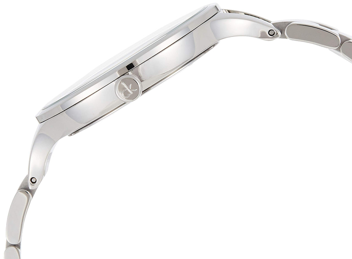 Calvin Klein Rise watch side view showing thin case and link bracelet