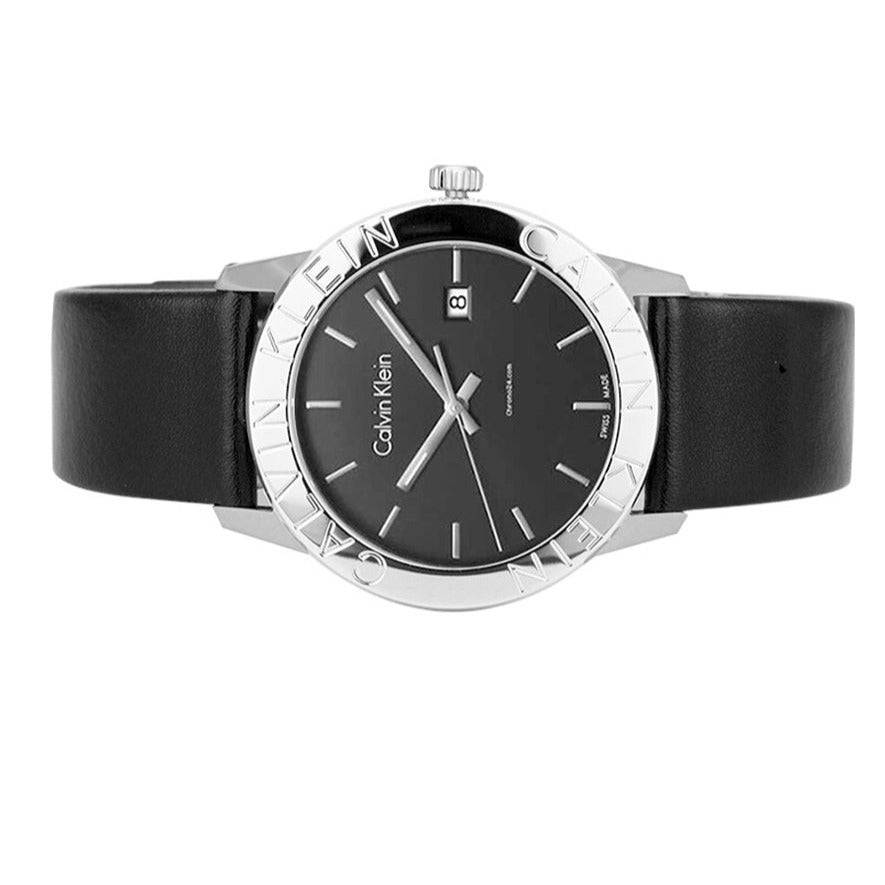 Calvin Klein Rise K7Q211C1 ladies watch on wrist with black leather strap