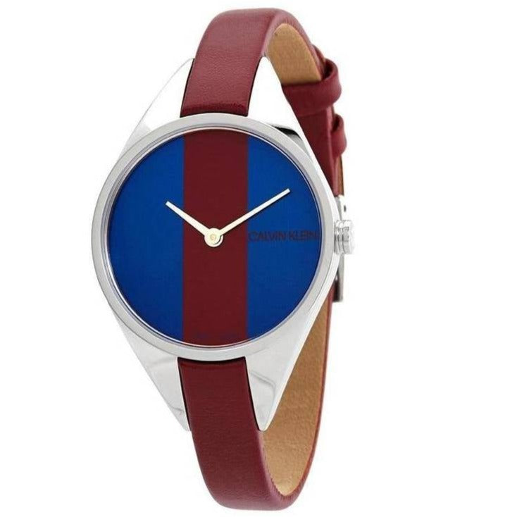 Angled view of Calvin Klein Rise K8P231UN with burgundy leather strap and tan interior lining