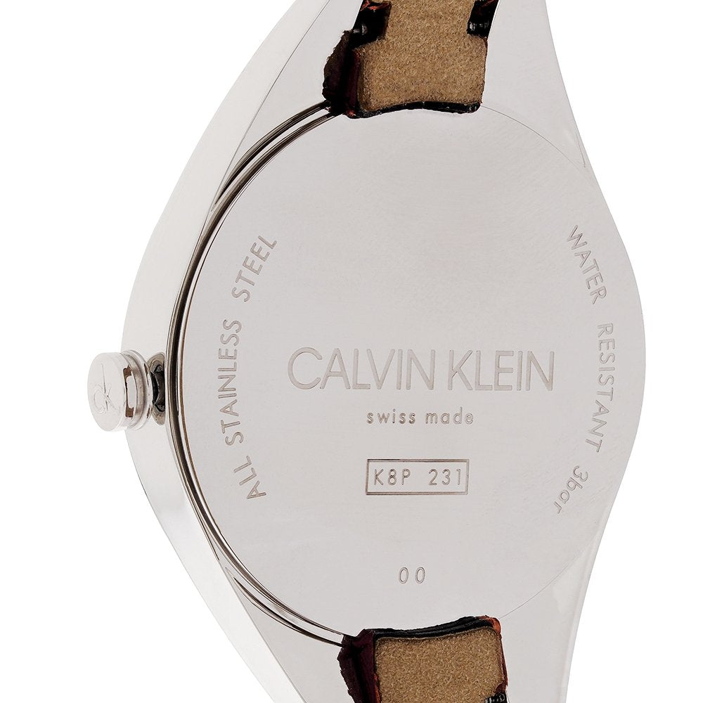Caseback of Calvin Klein Rise K8P231UN showing stainless steel with model number and Swiss made text