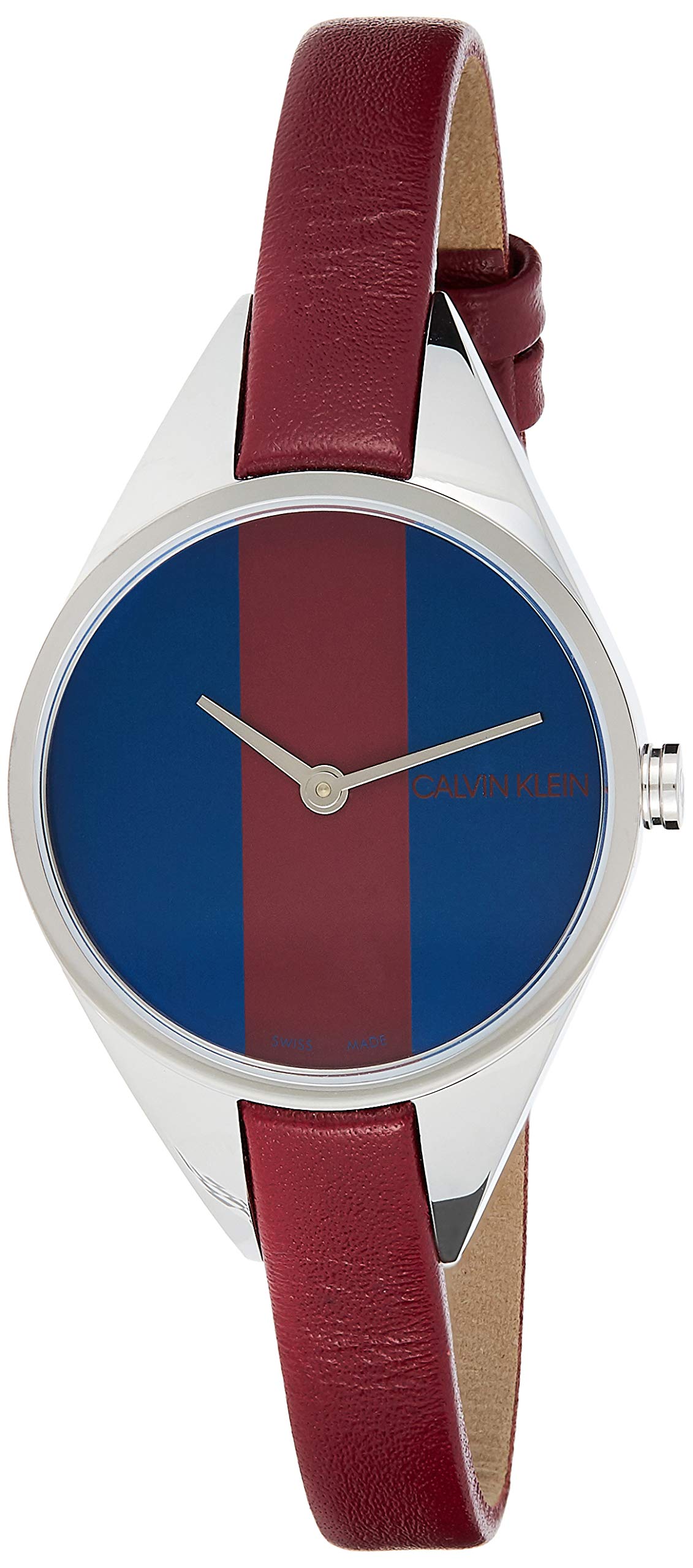 Front view of Calvin Klein Rise K8P231UN showing blue and burgundy vertical striped dial with white hour hands