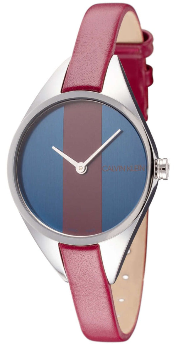 Calvin Klein Rise K8P231UN women's watch with blue and burgundy striped dial, silver case, and burgundy leather strap