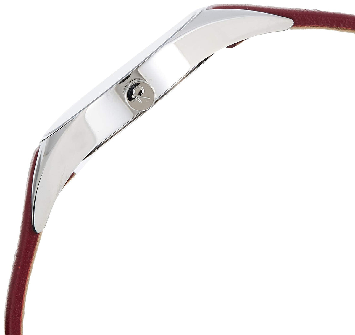 Side view of Calvin Klein Rise K8P231UN case showing silver stainless steel finish and depth