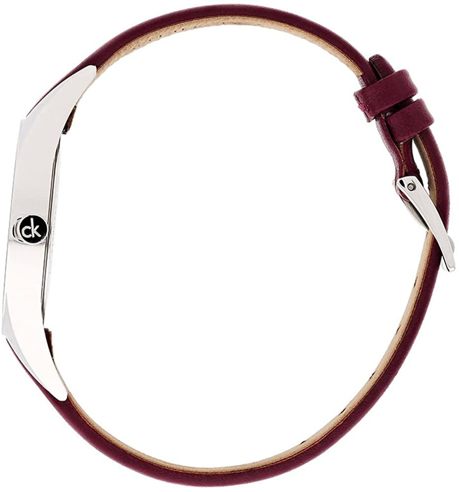 Calvin Klein Rise K8P231UN watch band detail showing burgundy leather strap and clasp mechanism