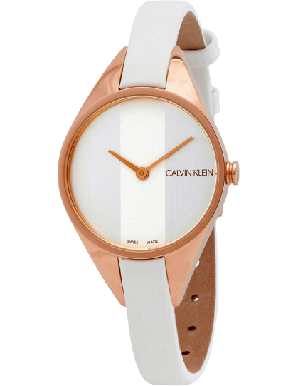 Calvin Klein Rise watch at angle showing rose gold case and white strap