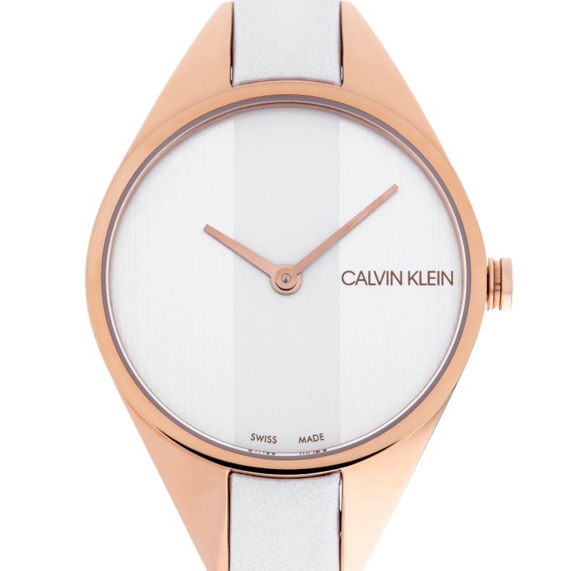 Calvin Klein Rise dial showing white mother of pearl finish with rose gold accents