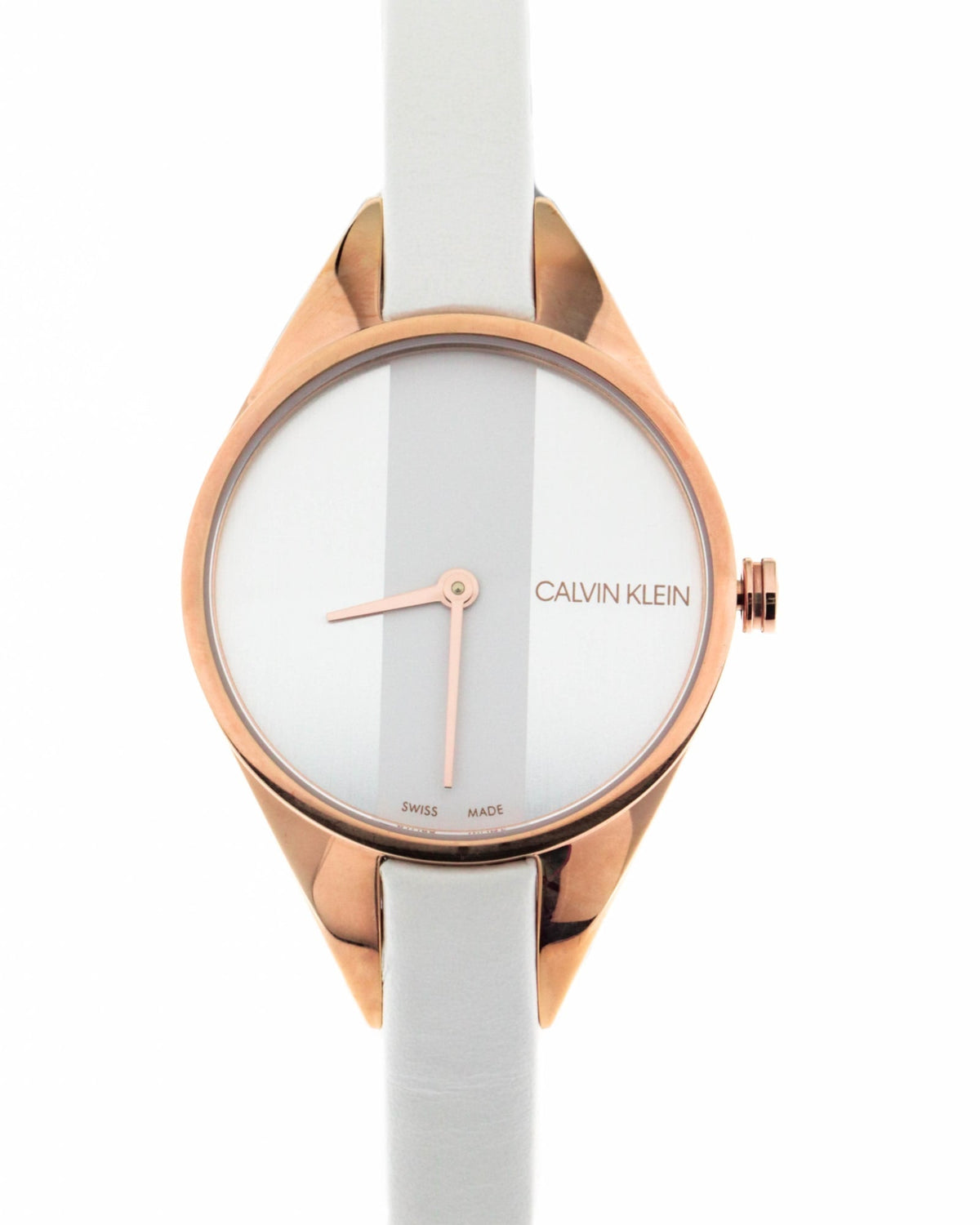 Calvin Klein Rise dial detail showing white mother of pearl finish and rose gold hands