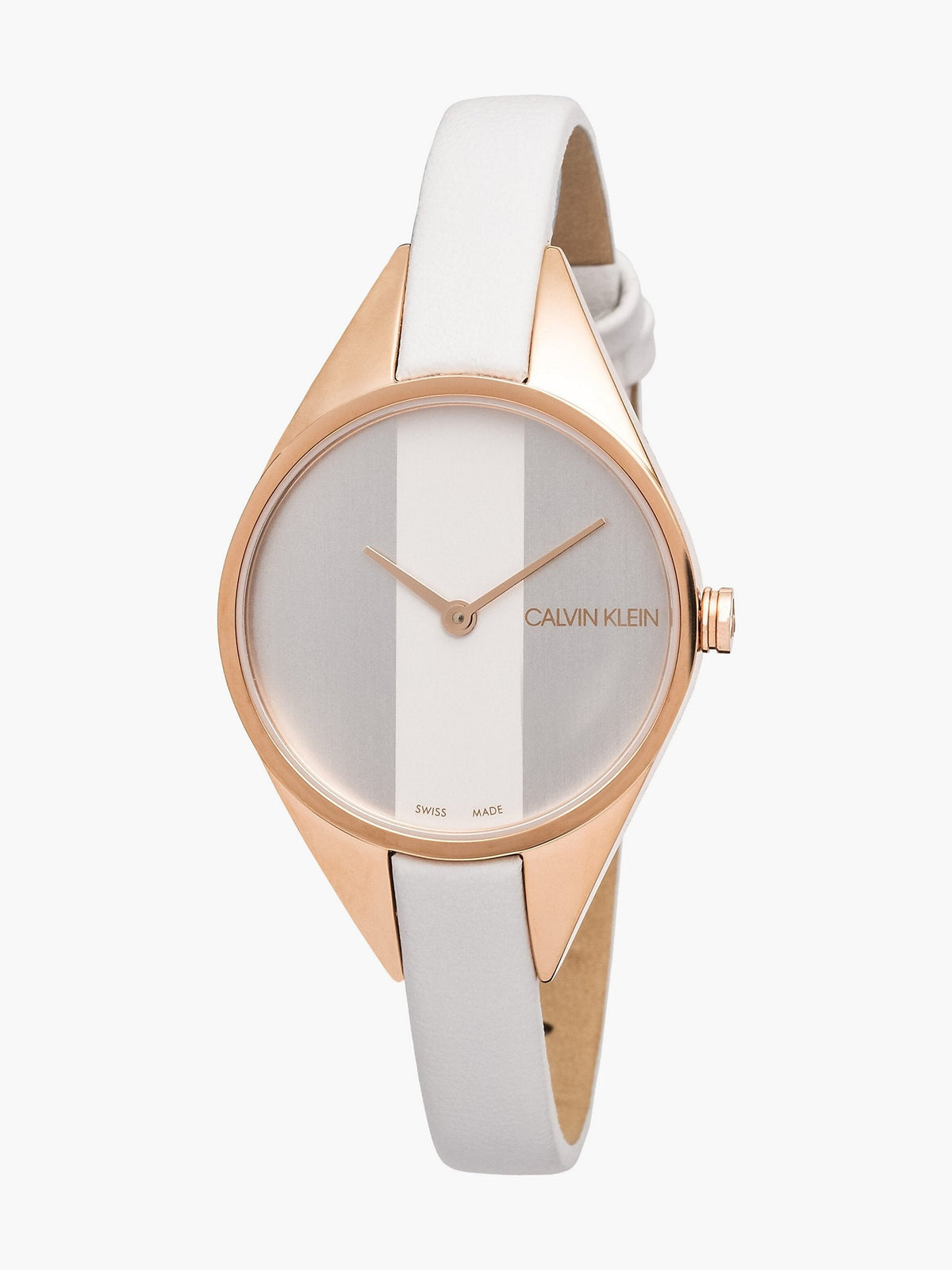 Calvin Klein Rise quartz watch with white dial, rose gold case, and white leather band
