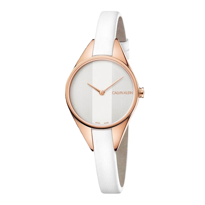 Calvin Klein Rise white mother of pearl dial watch front view with rose gold bezel